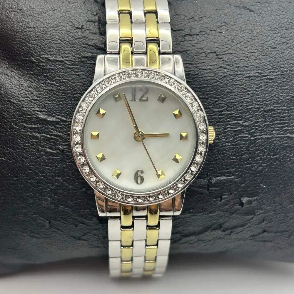 Women’s Two-tone Mother Pearl Gold Studded Dial Watch Working New Battery